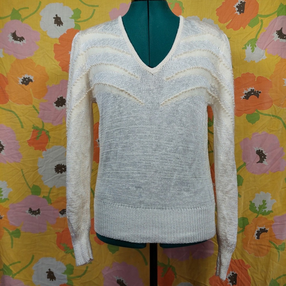 Vintage Marisa Christina 80s White Pearl Beaded V-Neck Knit Sweater Small